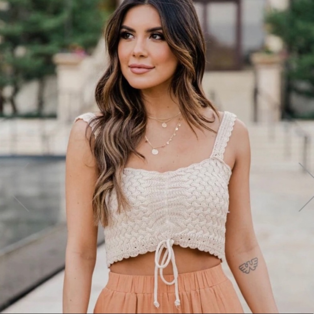 Pink Lily- Beige Crochet Crop Top